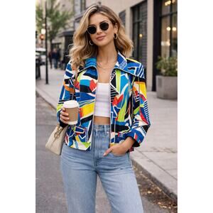 Multiples Colorful Abstract Zip Jacket Medium Statement Print